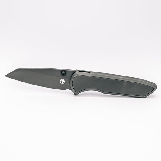 Chaves Knives x Brad Blount Arrestor 229 Gray PVD front view – 3.75" Gray PVD M390 sheepsfoot titanium integral folding knife