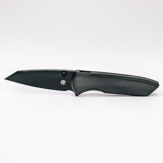 Chaves Knives x Brad Blount Arrestor 229 Black Satin PVD front view – 3.75" Black Satin PVD M390 sheepsfoot titanium integral folding knife