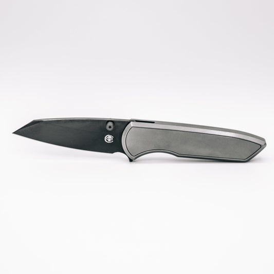 Chaves Knives x Brad Blount Arrestor 229 Bright SW DLC front view – 3.75" DLC M390 sheepsfoot titanium integral folding knife