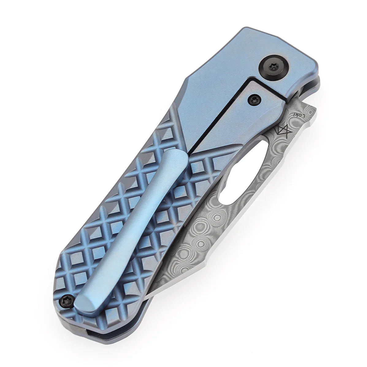 Kansept Loki K1058B7 – 2.99" Damascus Blade, Blue Anodized Titanium Frag Pattern Handle, Thumb-Hole Opener (Steven Dunnuck Design)