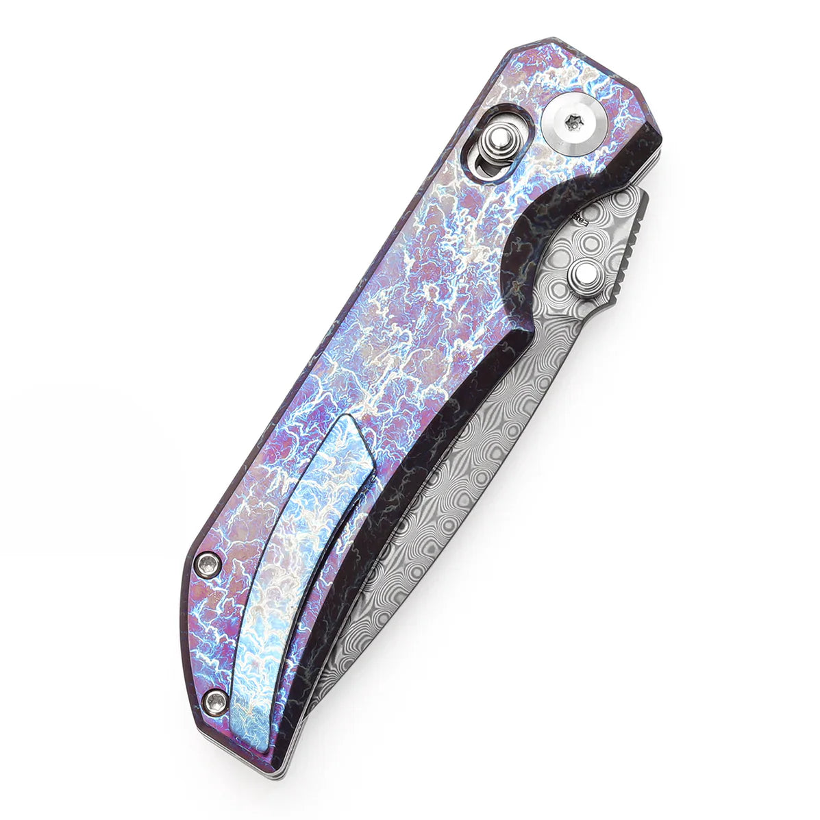 Kansept Eaglestrike 3.73" Damascus Titanium with Lightning Strike Finish Purple Blue K1095V1