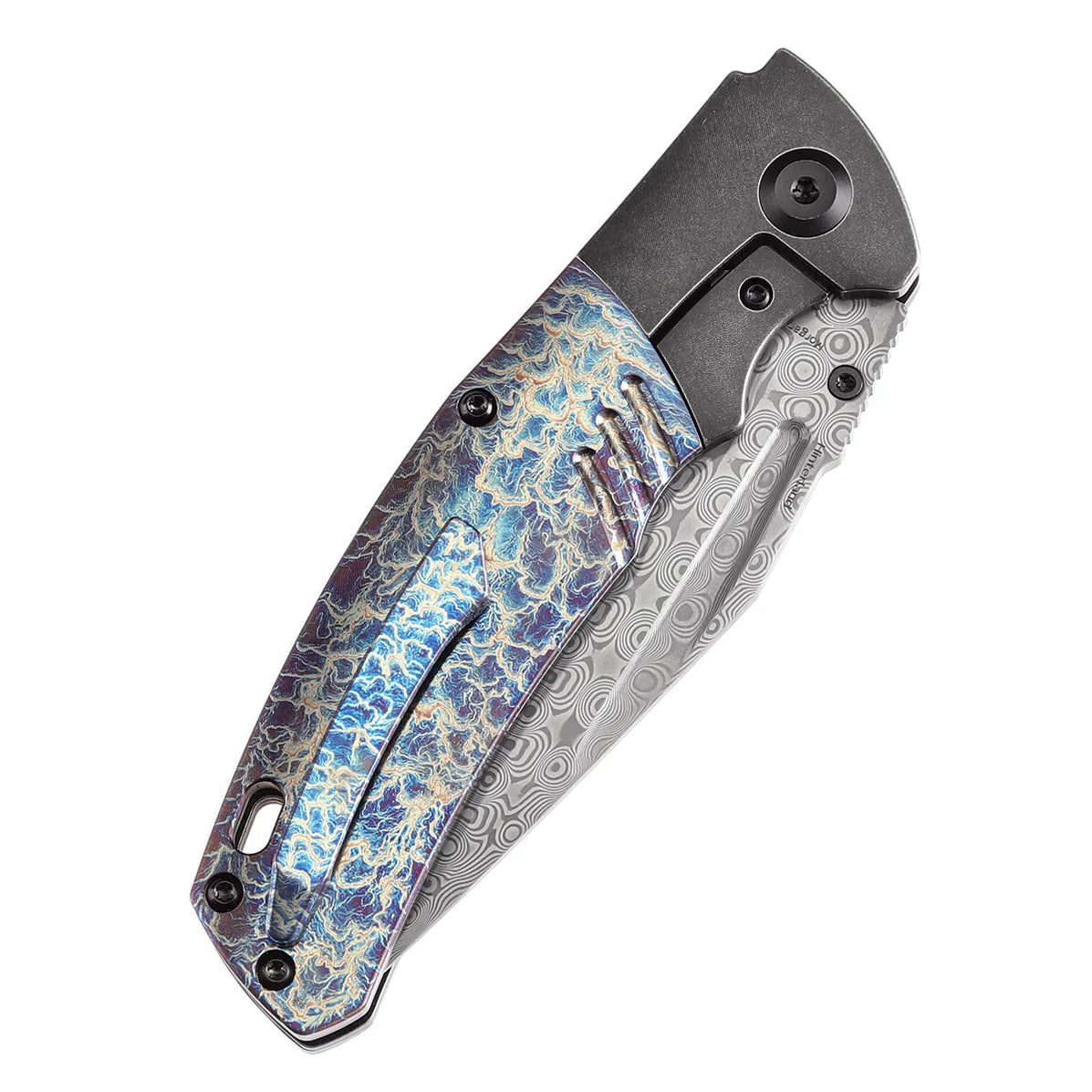 Kansept Hinterland 3.58" Damascus Blackwash Titanium + Lightning Strike Finished Titanium Inlay Black,Blue K1057A6