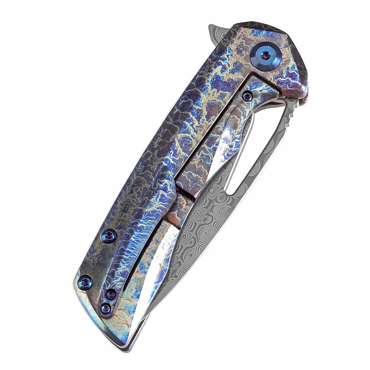 Kansept Kryo 3.58" Damascus Titanium with Lightning Strike Finish Blue K1001A6