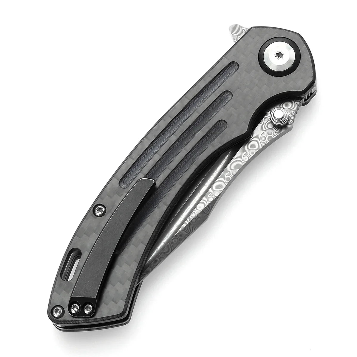 Kansept Pretatout 3.56" Damascus Carbon Fiber,G10 Black K1032D3