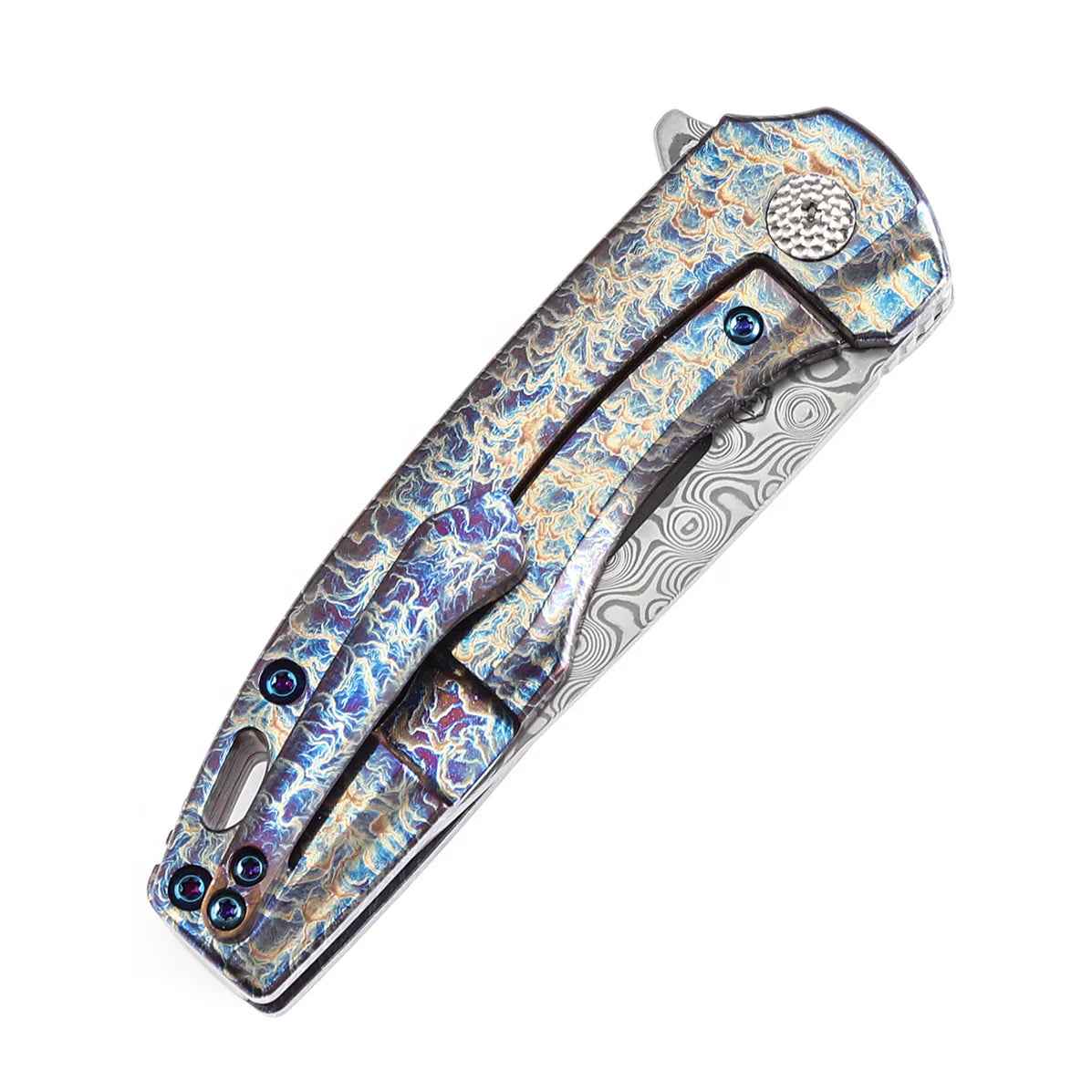 Kansept Cassowary 2.9" Damascus Titanium with Lightning Strike Finish Grey Blue K2065A3