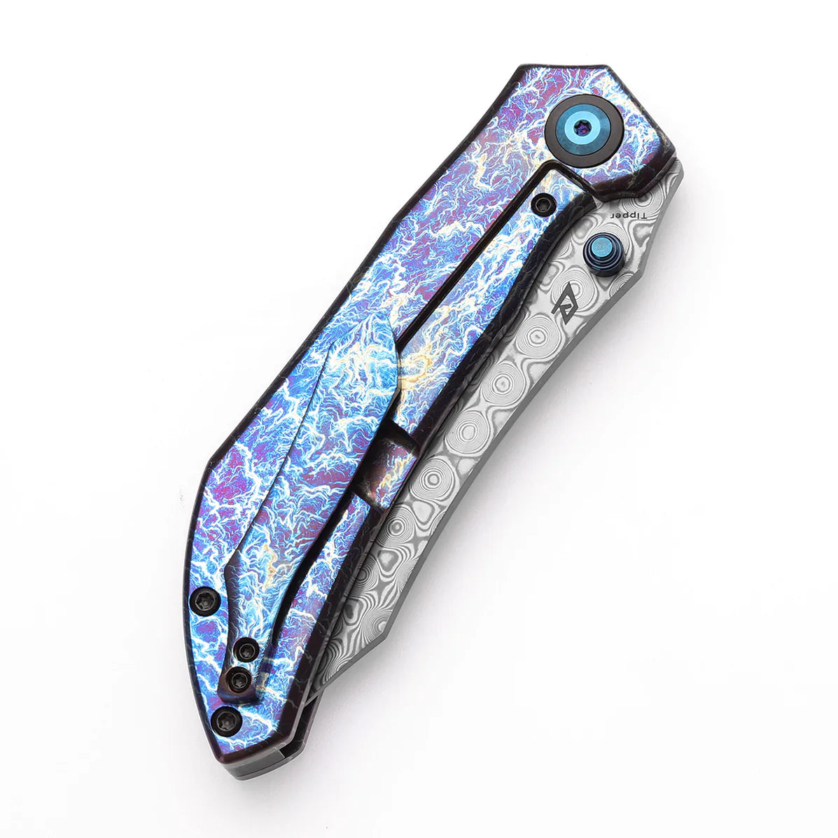 Kansept Tipper 3.38" Damascus Titanium with Lightning Strike Finish Blue Purple K1079A3