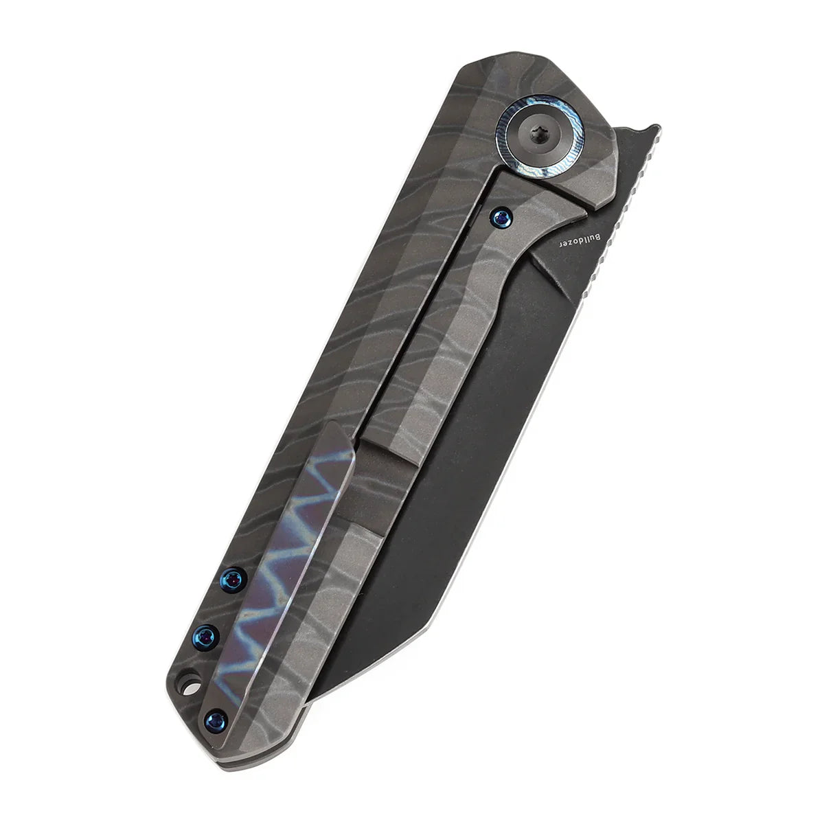 Kansept Bulldozer 3.56" CPM-20CV Tiger Stripe Flamed Titanium Blue K1028A6