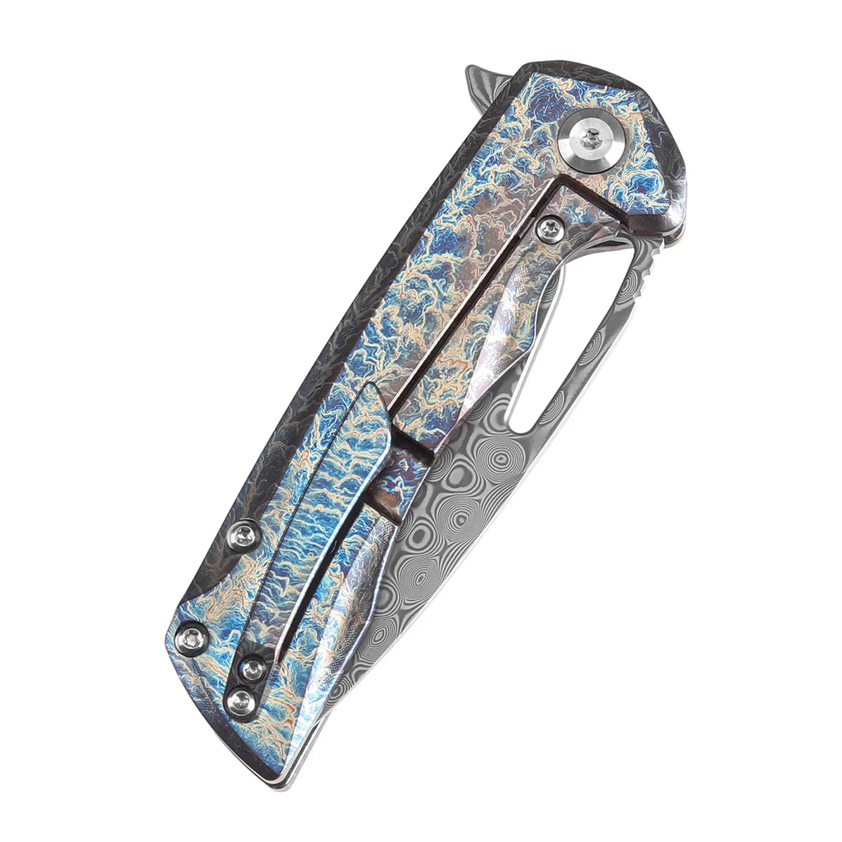 Kansept Mini Kryo 2.9" Damascus Titanium with Lightning Strike Finish Blue K2001S2