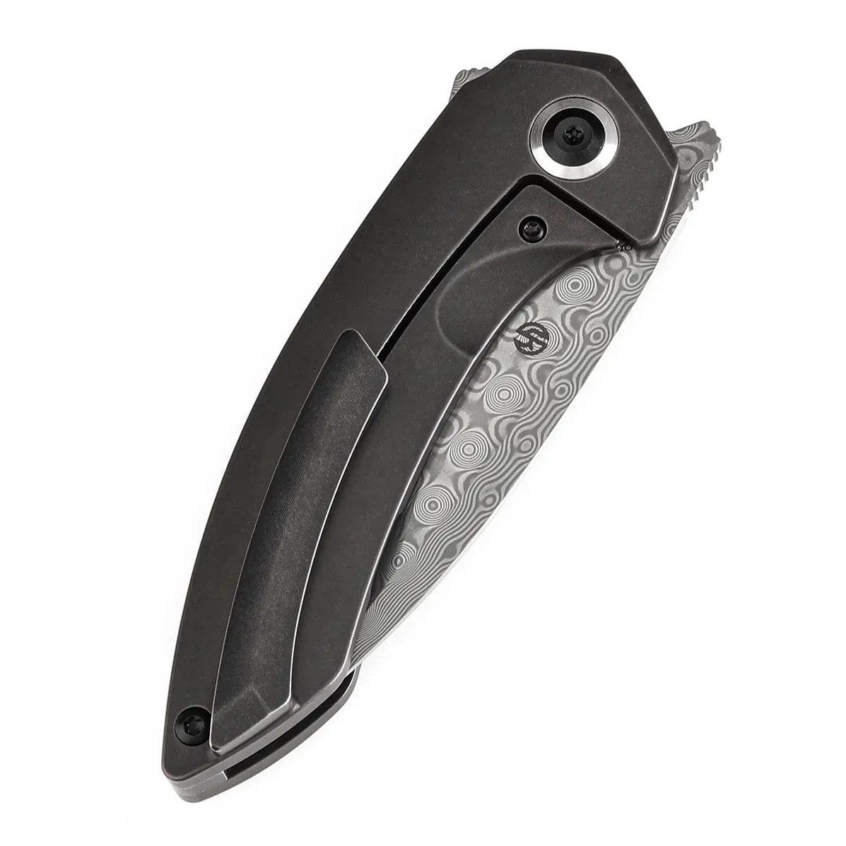 Kansept ODD 21 3.08" Damascus lackwash Titanium with Bronze Anodized Holes Black K1077A3