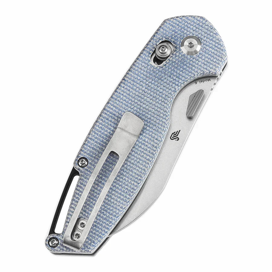 Tenable Model 6 T1022V6 – 3.1" Stonewashed 14C28N Blade, Blue Micarta Handle with Crossbar Lock
