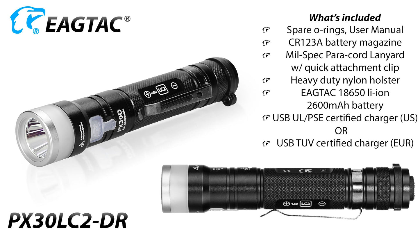 Eagtac PX30LC2DR 1160 Lumen & 600 Lumen 1 x 18650 CREE XP-L Hi LED Flashlight