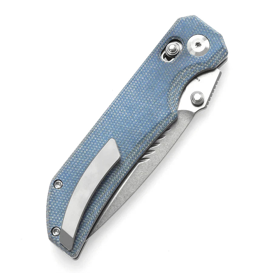 Tenable Eaglestrike T1095V2 – 3.73" Stonewashed Nitro-V Drop Point Blade, Blue Micarta Handle with Crossbar Lock
