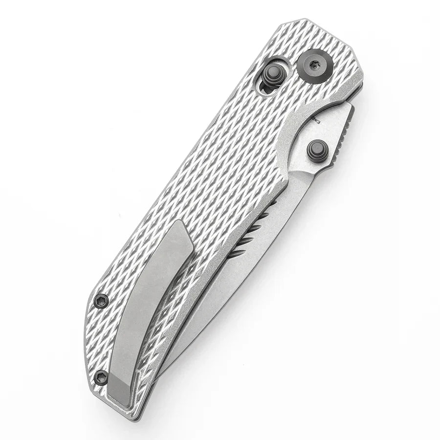 Tenable Eaglestrike T1095V4 – 3.73" Stonewashed Nitro-V Drop Point Blade, Silver Anodized Aluminum Handle with Diamond Pattern