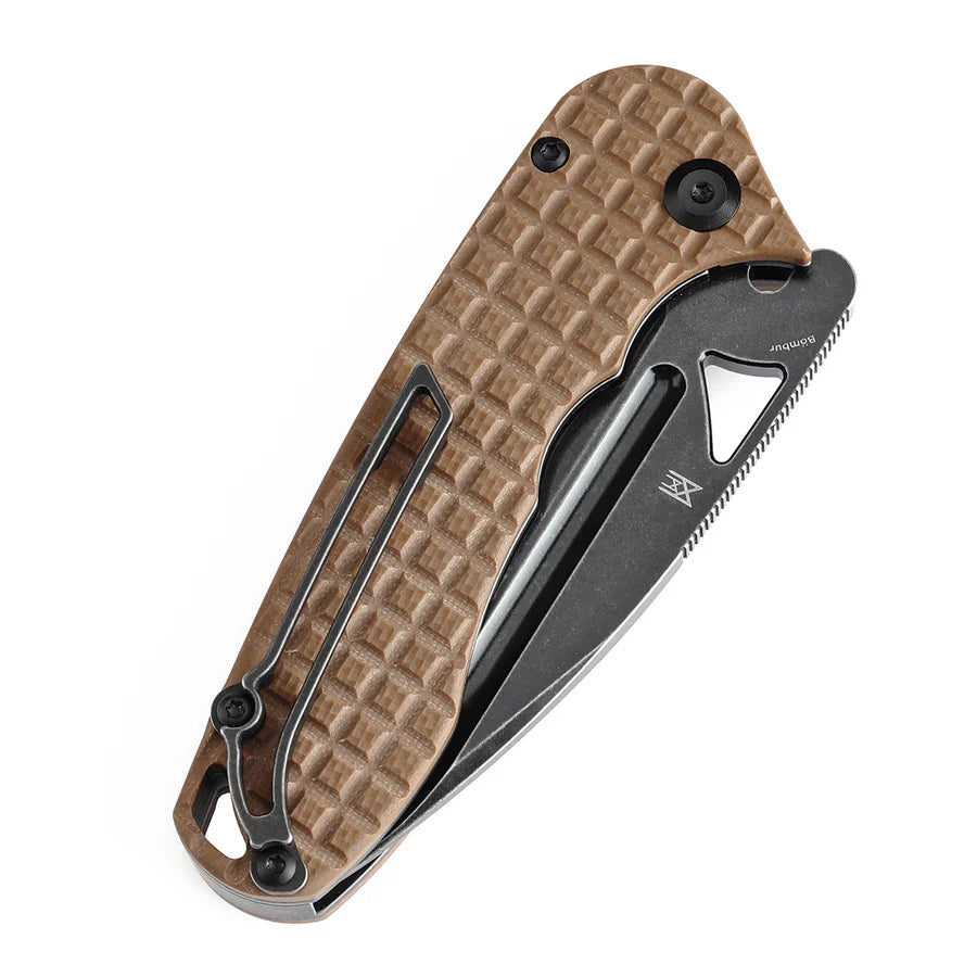 Tenable Bömbur T1054A2 liner lock detail on brown G10 frag pattern handle