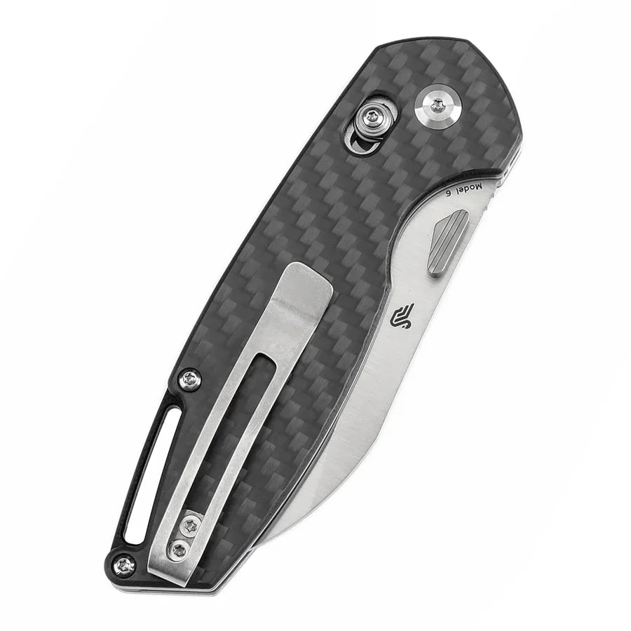 Tenable Model 6 T1022V1 – 3.1" Satin 14C28N Blade, Twill Carbon Fiber Handle with Crossbar Lock