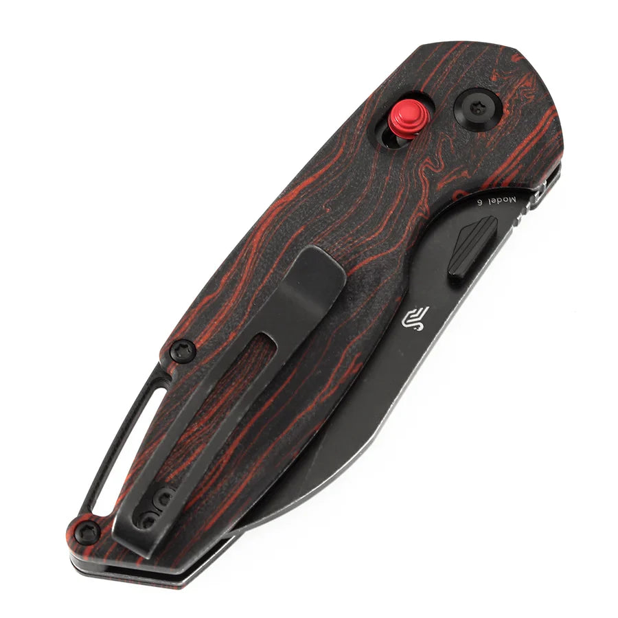 Tenable Model 6 T1022V7 – 3.1" Blackwash 14C28N Sheepsfoot Blade, Red & Black G-mascus Handle, Crossbar Lock – Designed by Nick Swan
