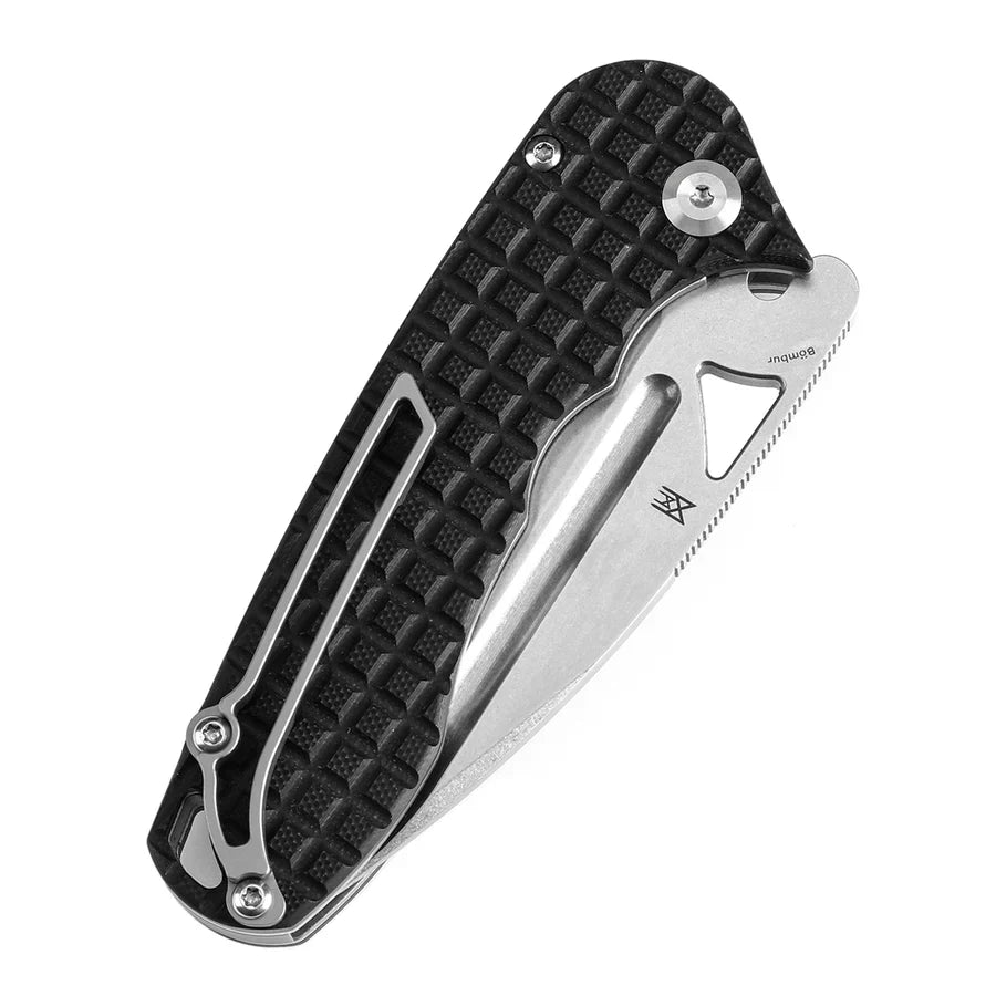 Tenable Bömbur T1054A1 closed view – black G10 frag pattern scales and pocket clip