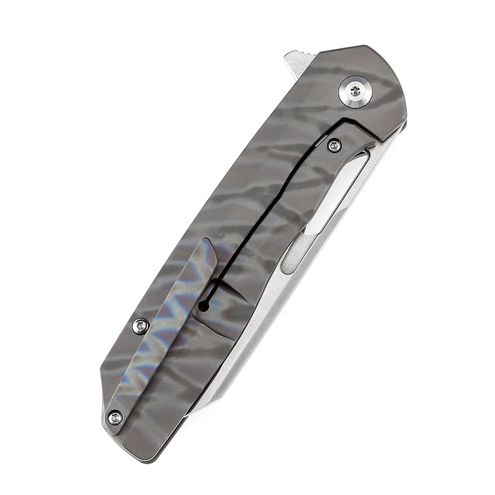 Kansept Shard K1006A15 – 3.48" Satin CPM-S35VN Reverse Tanto Blade, Tiger Stripe Flamed Titanium Handle, Frame Lock – Designed by Kim Ning