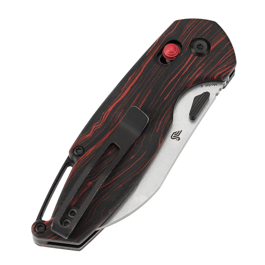 Tenable Model 6 T1022V8 – 3.1" Stonewashed 14C28N Sheepsfoot Blade, Red & Black G-mascus Handle, Crossbar Lock – Designed by Nick Swan