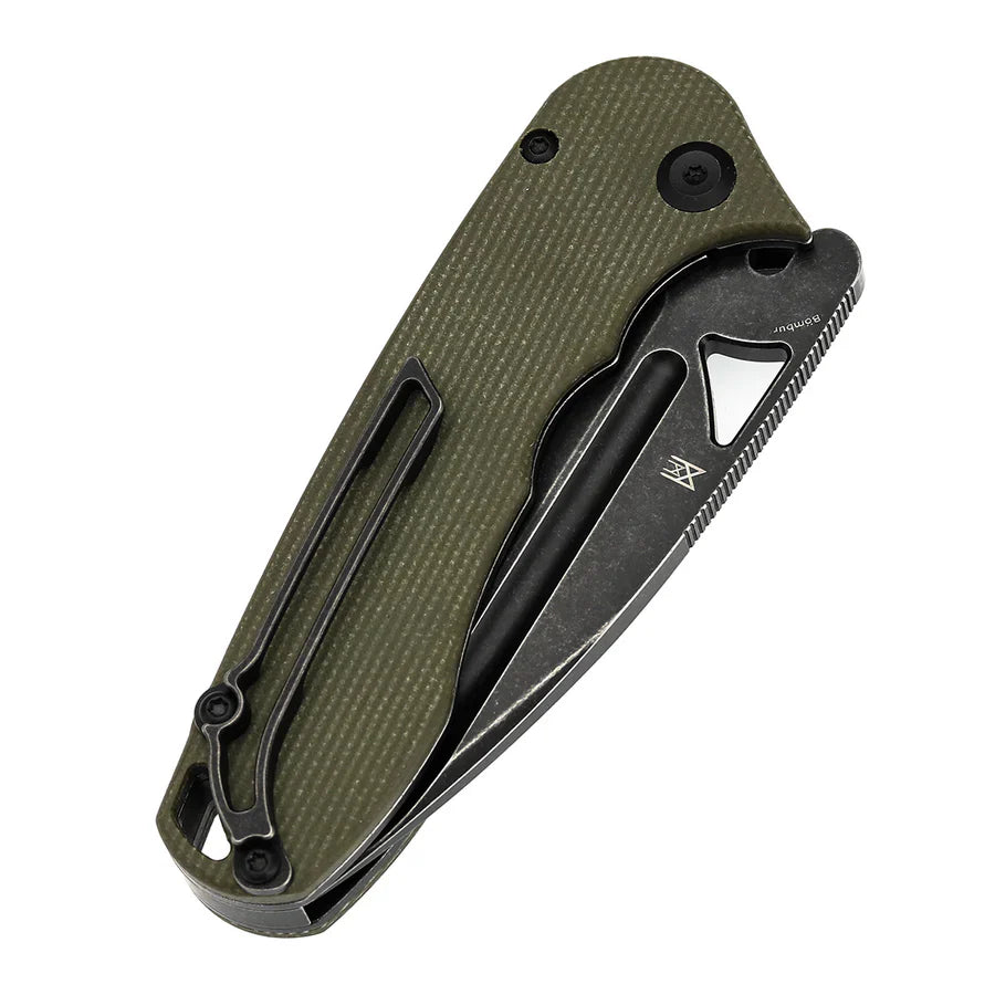 Tenable Bömbur T1054A4 – 3.53" Blackwash D2 Drop Point Blade, Green Micarta Handle