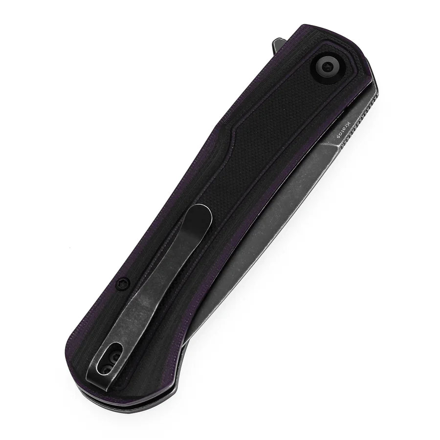 Tenable Kratos T1024A3 – 3.79" Nitro-V Blackwash Drop Point Blade, Black & Purple G10 Handle, Liner Lock – Designed by Ostap Hel