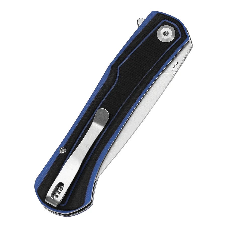 Tenable Kratos T1024A2 – 3.79" Nitro-V Blackwash Drop Point Blade, Black & Blue G10 Handle, Liner Lock – Designed by Ostap Hel