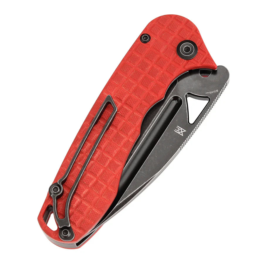 Tenable Bömbur T1054C2 – 3.53" Blackwash D2 Drop Point Blade, Dark Red F10 Handle with Frag Pattern