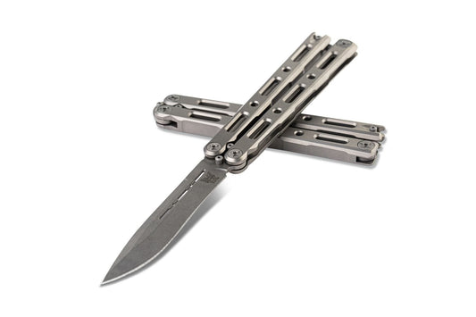 Benchmade 85 Billet Ti Bali-Song open angled view - 4.40 inch stonewash CPM-S30V drop point butterfly knife with integral titanium handles