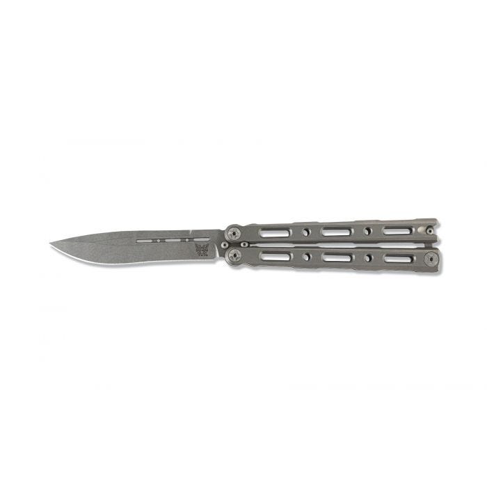 Benchmade 85 Billet Ti Bali-Song open side profile showing stonewash CPM-S30V drop point blade with milled fuller
