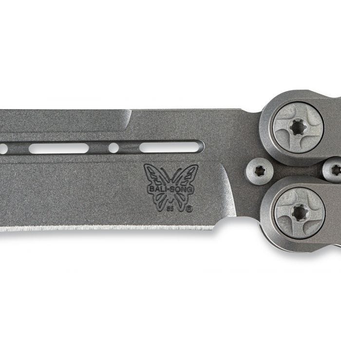 Benchmade 85 Billet Ti Bali-Song blade detail - through-hole milled fuller, pivot hardware and Benchmade butterfly logo