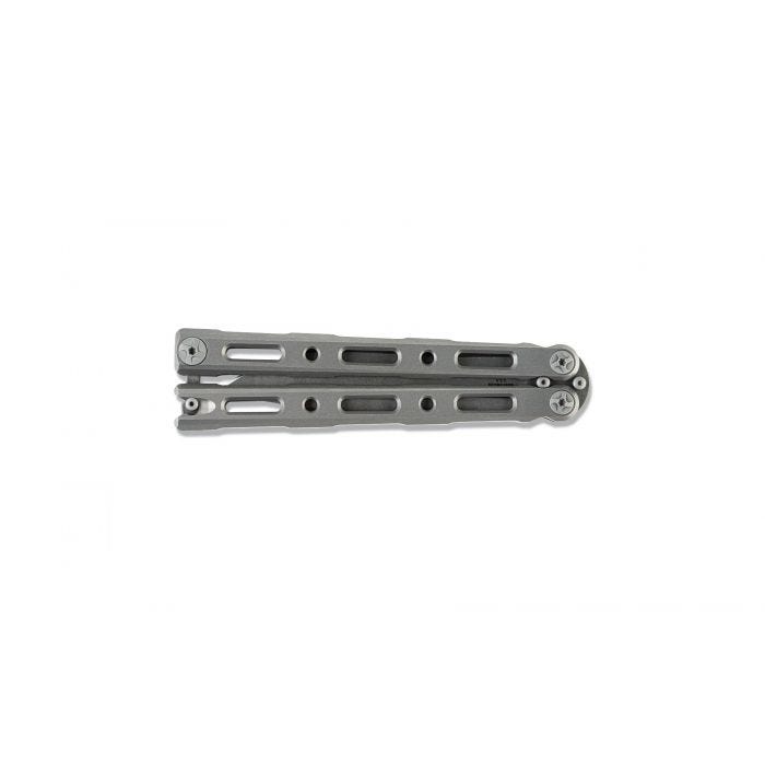 Benchmade 85 Billet Ti Bali-Song closed top view - billet titanium butterfly knife