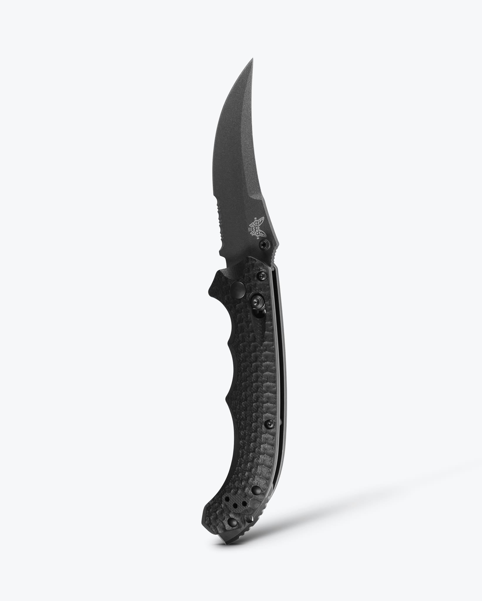Benchmade Mini Bedlam 865SBK vertical display – 3.45″ black CPM-S90V serrated scimitar folding knife