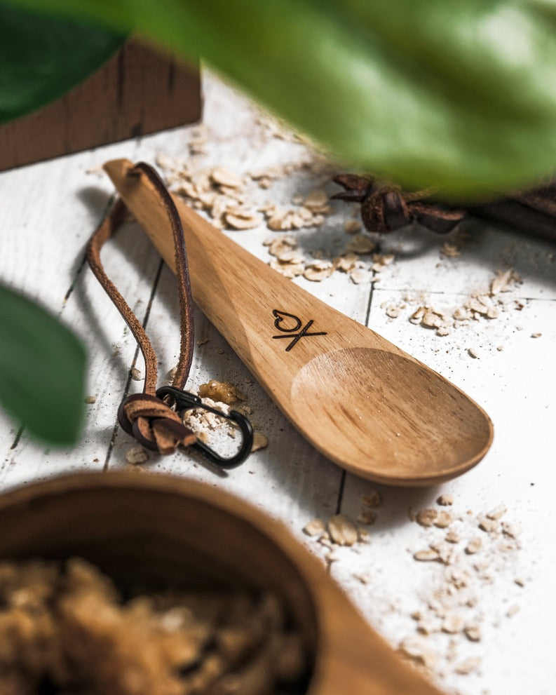 Uberleben Kanu Handcrafted Wooden Spoon w/ Leather Lanyard and Micro Carabiner