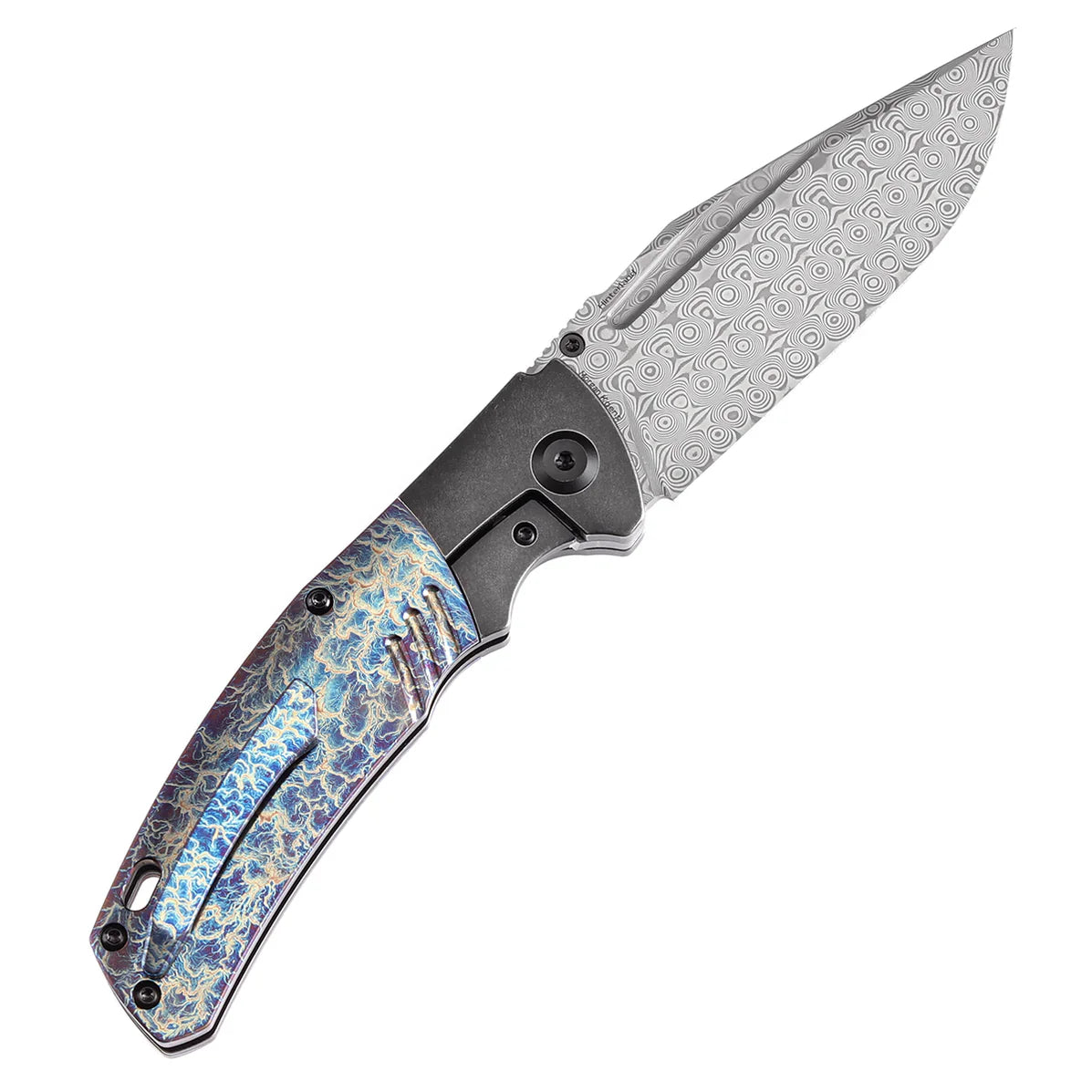 Kansept Hinterland 3.58" Damascus Blackwash Titanium + Lightning Strike Finished Titanium Inlay Black,Blue K1057A6