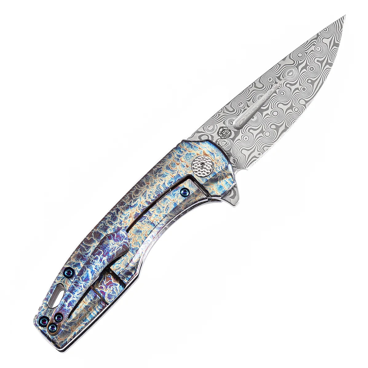 Kansept Cassowary 2.9" Damascus Titanium with Lightning Strike Finish Grey Blue K2065A3