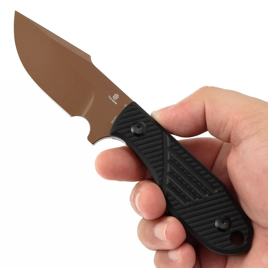 Tenable Tiny Dancer G014A1 – 3.17" Rose Gold Coated D2 Drop Point Blade, Black G10 Handle, Fixed Blade EDC Knife
