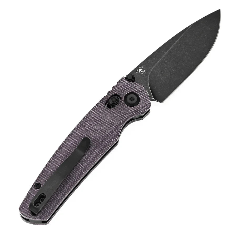 Tenable Raven T2109V7 – 3.14" Blackwashed 14C28N Drop Point Blade, Purple Micarta Handle, Crossbar Lock – Designed by Black Bird Blades