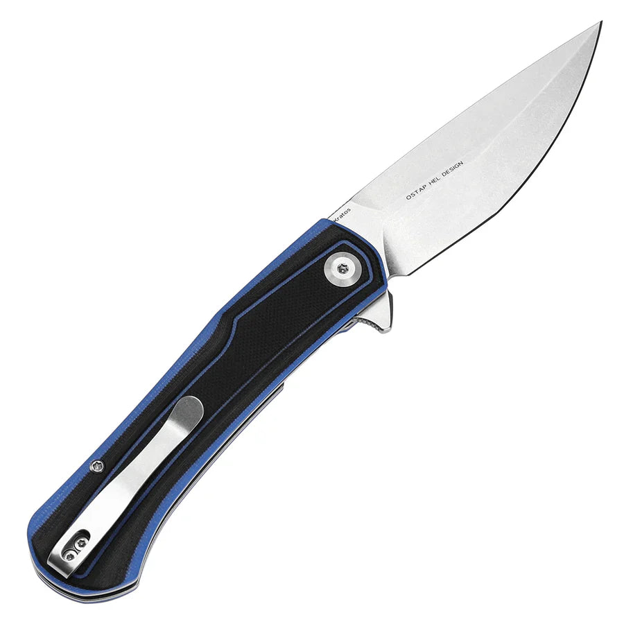 Tenable Kratos T1024A2 – 3.79" Nitro-V Blackwash Drop Point Blade, Black & Blue G10 Handle, Liner Lock – Designed by Ostap Hel