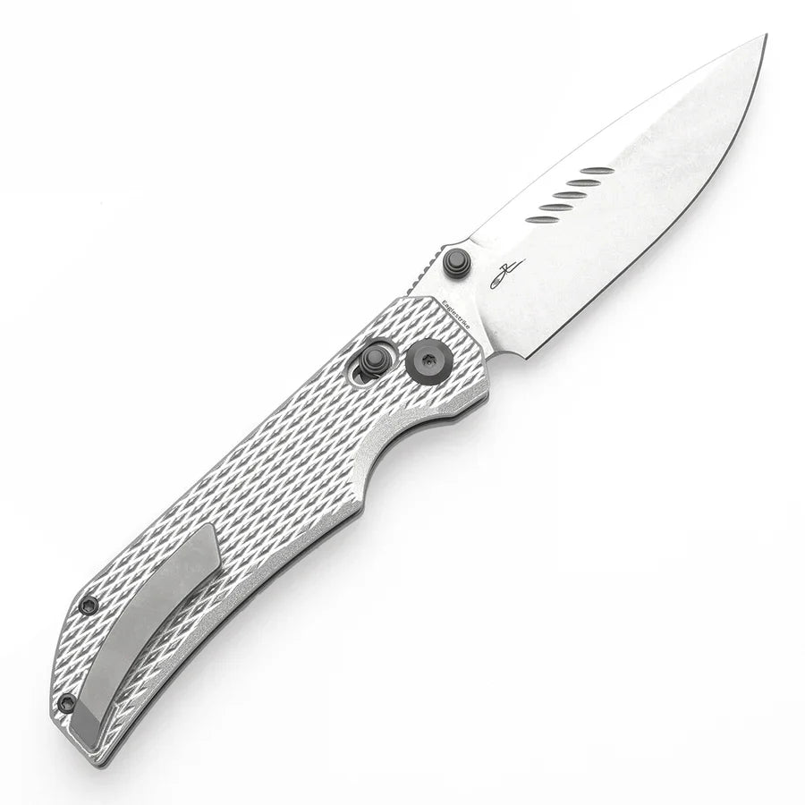 Tenable Eaglestrike T1095V4 – 3.73" Stonewashed Nitro-V Drop Point Blade, Silver Anodized Aluminum Handle with Diamond Pattern