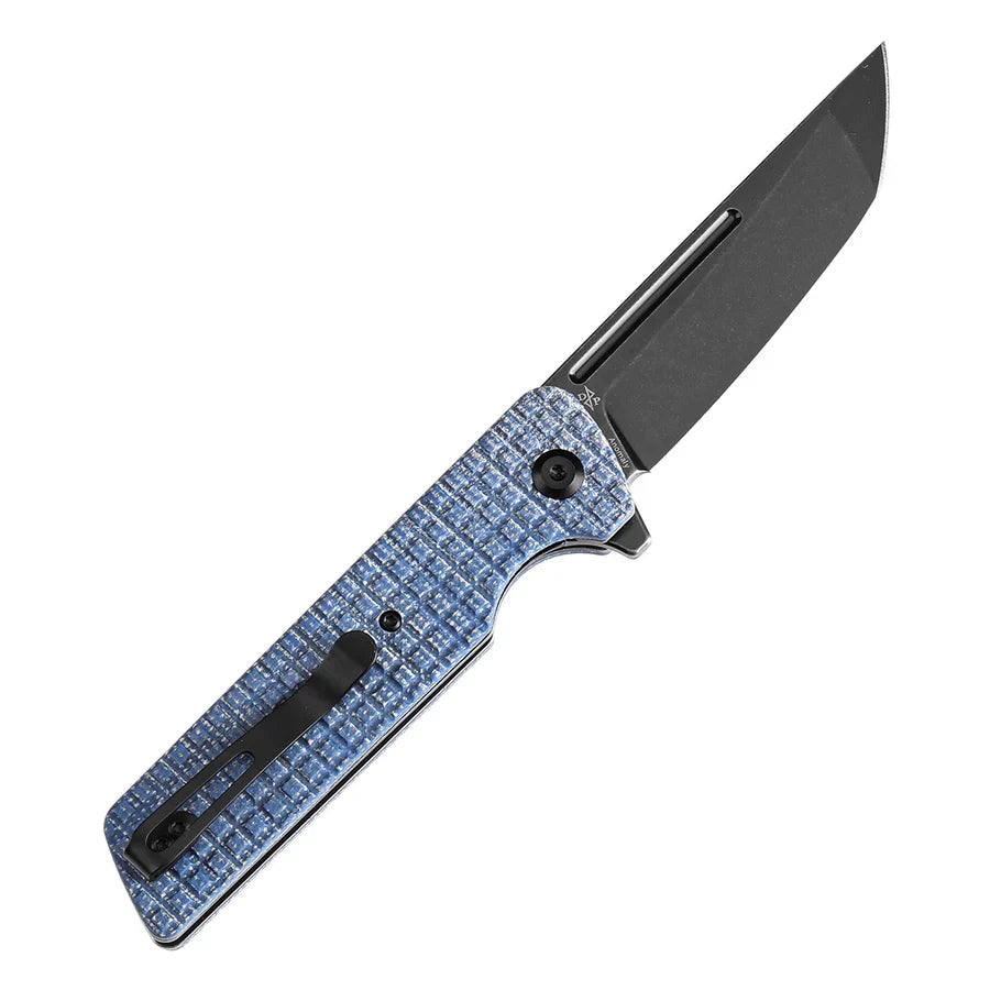 Tenable Anomaly T2038T3 – 3.14" Blackwash Nitro-V Tanto Blade, Blue Micarta Handle with Frag Pattern and Liner Lock