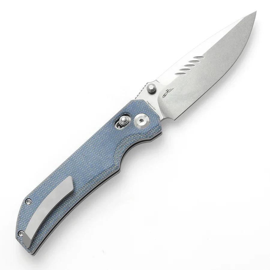 Tenable Eaglestrike T1095V2 – 3.73" Stonewashed Nitro-V Drop Point Blade, Blue Micarta Handle with Crossbar Lock