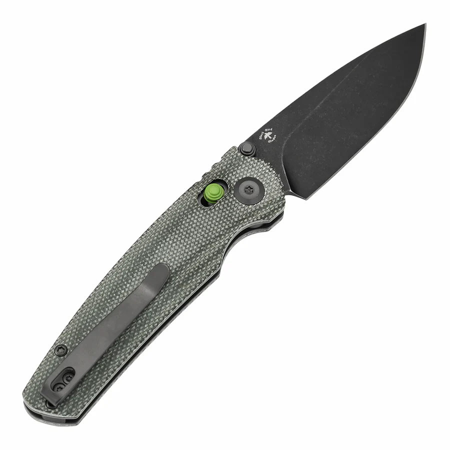 Tenable Raven T2109V5 – 3.14" Blackwashed 14C28N Drop Point Blade, Green Micarta Handle, Crossbar Lock – Designed by Black Bird Blades