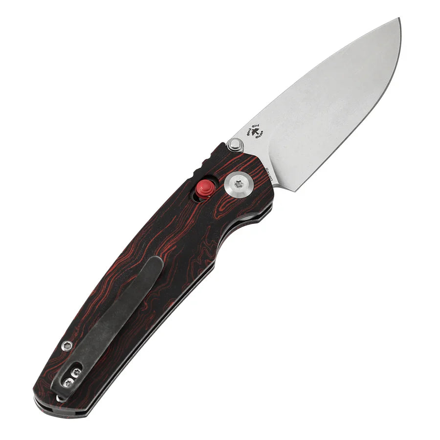 Tenable Raven T2109V3 – 3.14" Stonewashed 14C28N Drop Point Blade, Red & Black G-mascus Handle, Crossbar Lock – Designed by Black Bird Blades