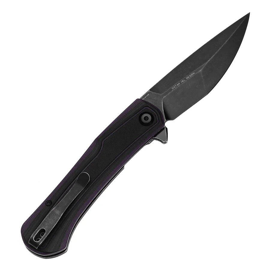 Tenable Kratos T1024A3 – 3.79" Nitro-V Blackwash Drop Point Blade, Black & Purple G10 Handle, Liner Lock – Designed by Ostap Hel