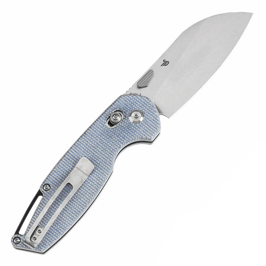Tenable Model 6 T1022V6 – 3.1" Stonewashed 14C28N Blade, Blue Micarta Handle with Crossbar Lock