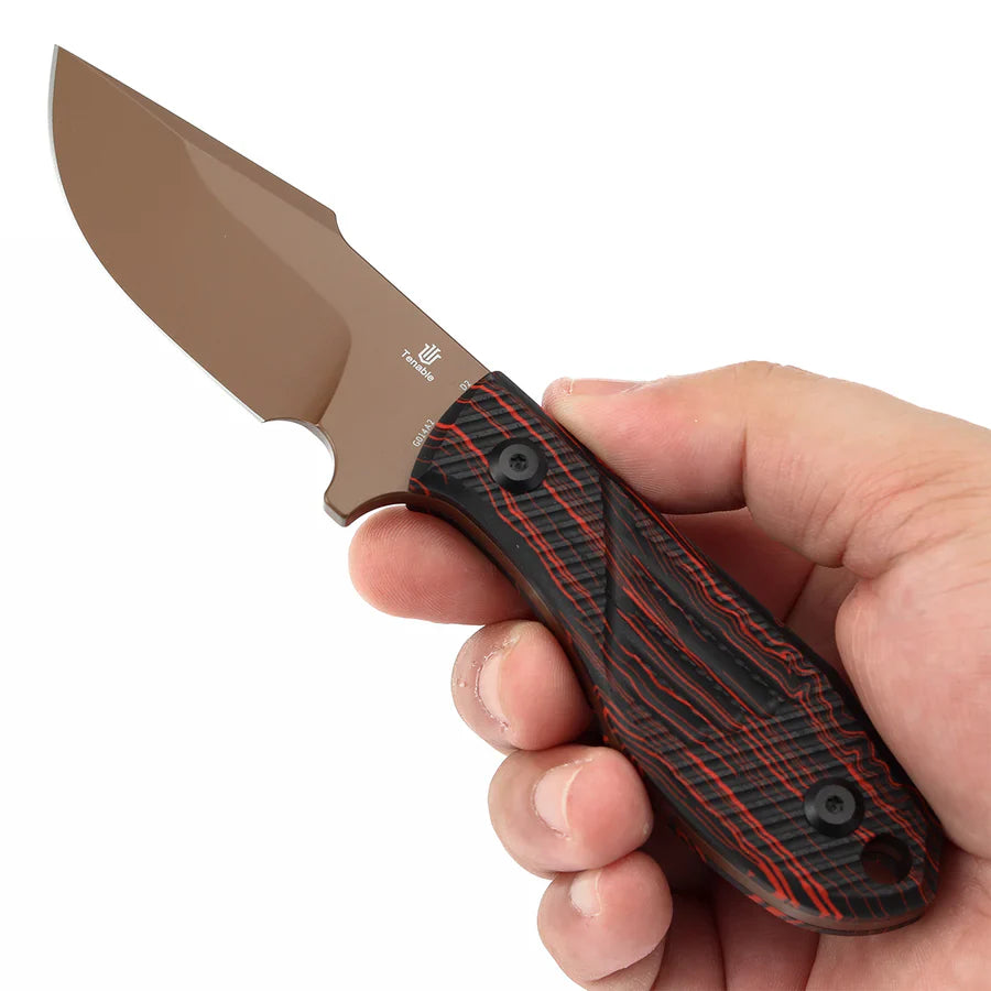 Tenable Tiny Dancer G014A2 – 3.17" Rose Gold Coated D2 Drop Point Blade, Black & Red G-mascus Handle, Fixed Blade EDC Knife