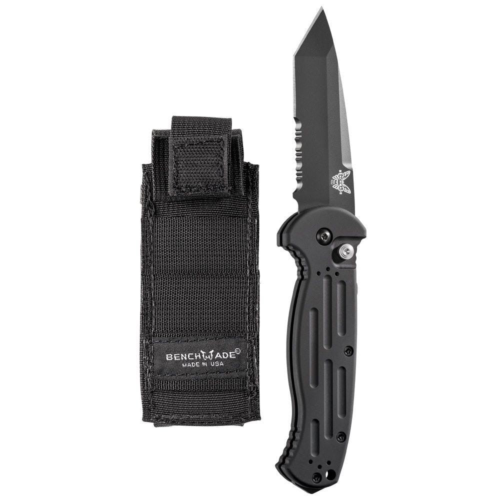 Benchmade AFO II 9052SBK front view – 3.56" black 154CM tanto combo-edge automatic knife, black aluminum handle