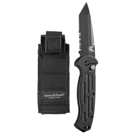 Benchmade AFO II 9052SBK front view – 3.56" black 154CM tanto combo-edge automatic knife, black aluminum handle