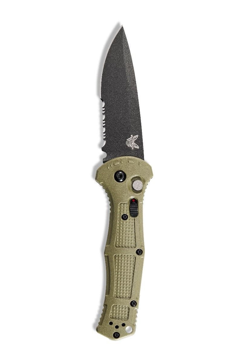 Benchmade Claymore 9070SBK-1 – 3.60″ CPM-D2 Cobalt Black Serrated Drop-Point Automatic Knife, Black Grivory