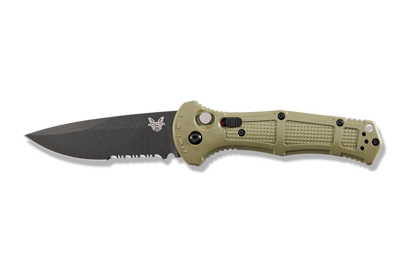 Benchmade Claymore 9070SBK-1 front view, 3.60 inch CPM-D2 cobalt black serrated drop-point automatic knife